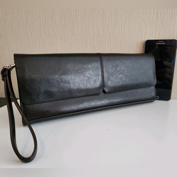 Vintage 90s ALFANI Genuine Espresso Leather Wristlet/Clutch w/Strap - Picture 1 of 12